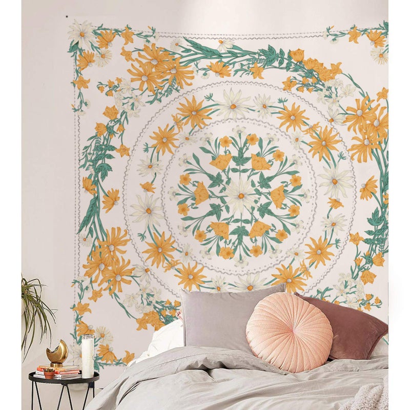 Simpkeely Mandala Clara Floral Medallion Tapestry, Sketched Flower Plant Boho Wall Hanging, Bohemian Tapestries for Bedroom Living Room Dorm Home DÃ©cor 59.1 x 59.1 Inches (Yellow) - Image 3